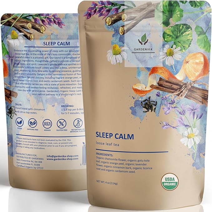 Gardenika Organic Sleep Loose Leaf Tea with Chamomile and Lavender Flowers, Herbal, Caffeine Free, KSA Kosher, Ayurvedic Blend - 4 oz (1 Pack) - Bloomnest