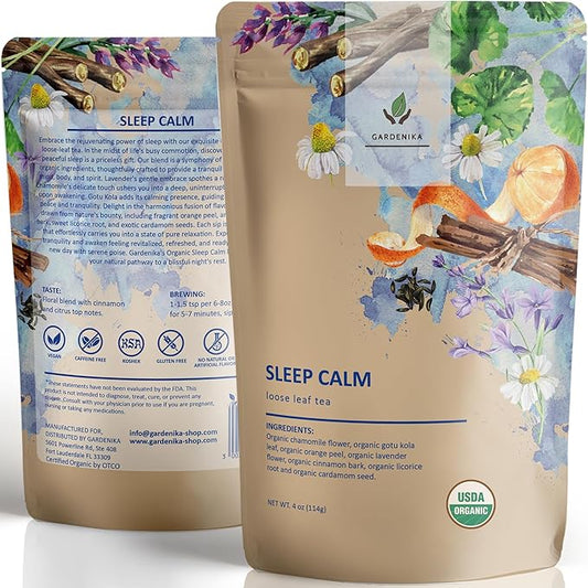Gardenika Organic Sleep Loose Leaf Tea with Chamomile and Lavender Flowers, Herbal, Caffeine Free, KSA Kosher, Ayurvedic Blend - 4 oz (1 Pack) - Bloomnest