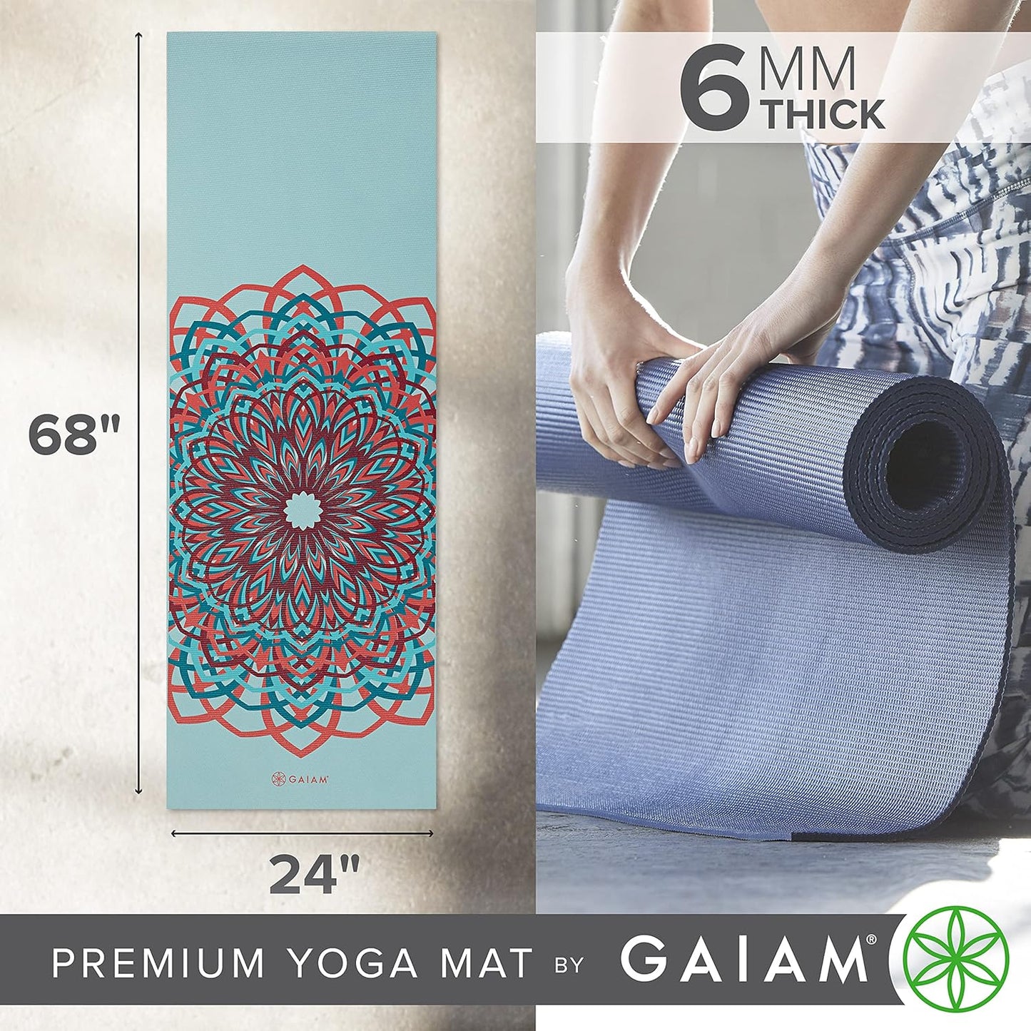 Gaiam Yoga Mat - Premium 6mm Print Extra Thick Non Slip Exercise & Fitness Mat for All Types of Yoga, Pilates & Floor Workouts (68"L x 24"W x 6mm Thick)