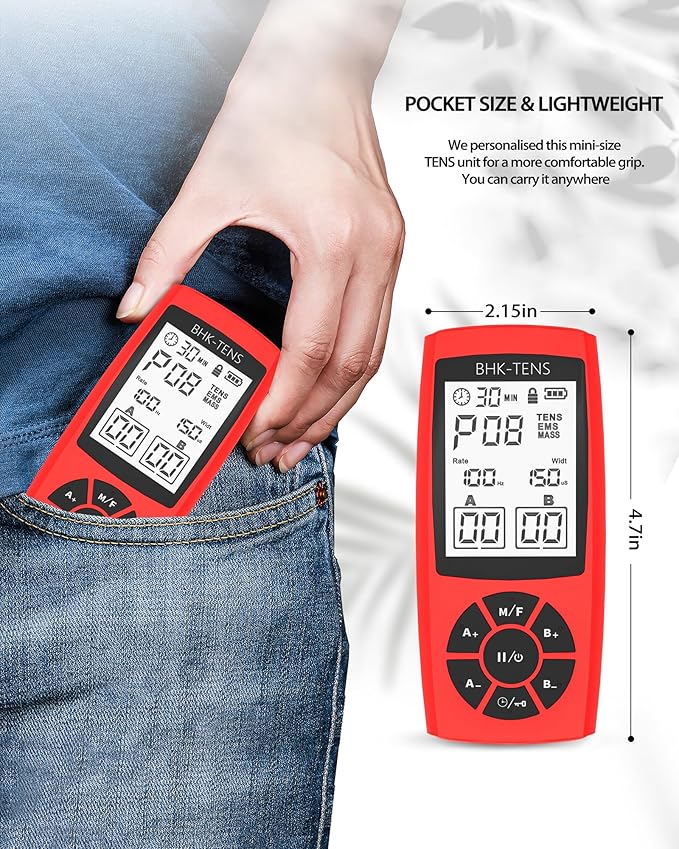 Rechargeable TENS Unit Machine for Pain Relief Therapy, Electronic EMS Muscle Stimulator for Shoulder Pain Relief, TENS&EMS Stimulator for Back Pain, Shoulder Neck Pain Relief, Sciatica Pain, red BHKTENS