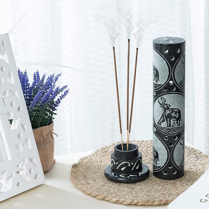 Crocon Handmade Black Marble Incense Stick Tower Burner Round Shape Jali Design Incense Tower Burner | Tea Light Candle Holder | Living Room Decor Home Fragrance Decorative Gift Size 3X3X10 Inch - Bloomnest
