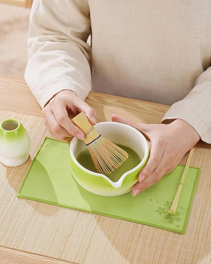 ZENS Matcha Whisk Set, 6pcs Matcha Kit Includes Ceramic Bowl, Handcrafted Bamboo Whisk and Chasen Holder, Scoop, 304 Sifter & Tea Mat，Matcha Set for Tea Ceremony,Latte Making, Green - Bloomnest