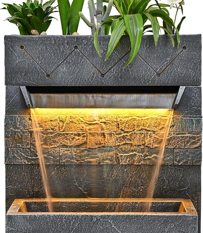 34.65'' Outdoor Garden Cascading Stone Floor-Standing Waterfall Fountain with LED Lights for Patio, Backyard, Deck, Porch and Home Art Decor