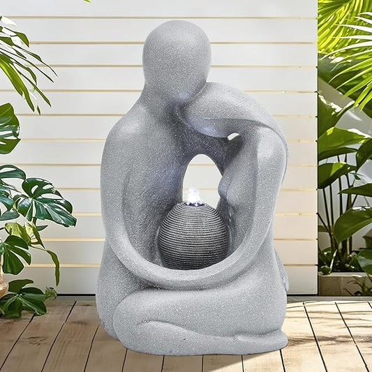 20.9in Hugging Couple Outdoor Water Fountain with LED Lights, Modern Couple Silhouette Garden Water Fountain for Patio, Yard,or Indoor Décor