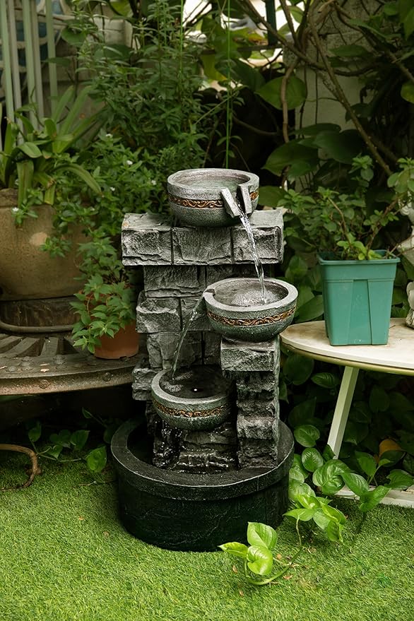Cheng Pin Water Fountain Outdoor - 28 Inch Tall Cascading Bowls and Stacked Stones Design, Create Relaxing Waterfall Flow Water Feature for Outside Garden, Patio, Backyard - Bloomnest