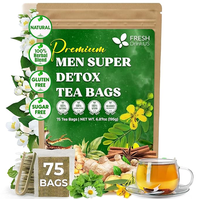 FreshDrinkUS, Premium 75 Tea Bags Men Super Detox Tea – Herbal Blend with Senna, Dandelion Root, Ginger, Peppermint & More – 100% Natural, Sugar-Free. Caffeine-Free. Gluten-Free. Vegan - Bloomnest