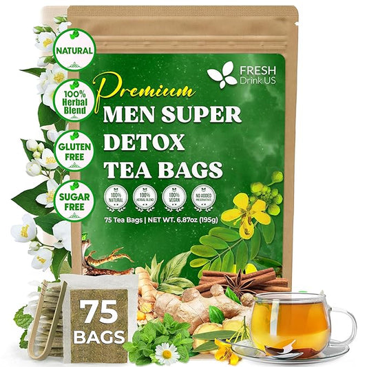 FreshDrinkUS, Premium 75 Tea Bags Men Super Detox Tea – Herbal Blend with Senna, Dandelion Root, Ginger, Peppermint & More – 100% Natural, Sugar-Free. Caffeine-Free. Gluten-Free. Vegan - Bloomnest