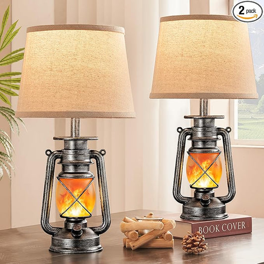 LEDIARY 18.72" Sliver LED Lantern Flickering Flame Table Lamps for Bedrooms Set of 2, Small Farmhouse Rustic End Table Lamps, Halloween Decorative Lantern Bedside Lamps for Living Room - Bloomnest
