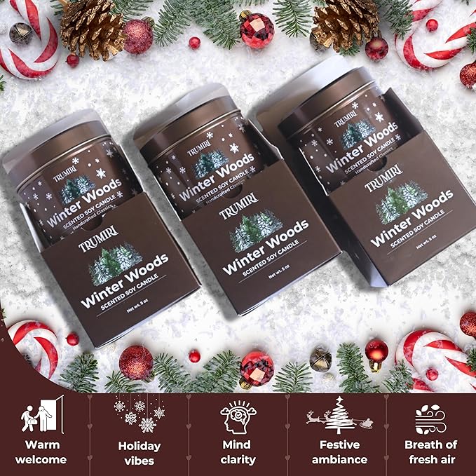 Winter Woods - Soy Candles for Home Scented - for Fall Christmas Holidays - Pack of 3 x 5oz Natural Clean Non Toxic - Long Lasting Highly Scented Pet Safe - Velas Aromáticas para el Hogar Pine Candel TRUMIRI