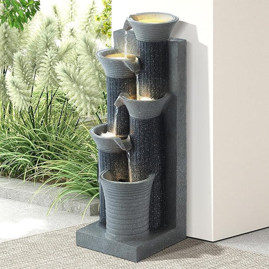 Grepatio Garden Water Fountain, 5 Tier Outdoor Cascading Waterfalls Fountains with LED Lights and Pump Indoor Modern 24" H Floor Standing Water Fountain for Garden, Patio, House Decor (Greyish Black) - Bloomnest