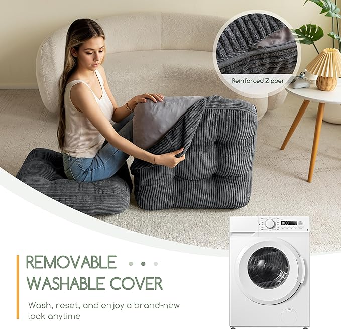 Washable Floor Pillow Cushion for Adults, Meditation Cushion Pillow, Large Square Floor Sitting, Removable Tufted Corduroy Cover, for Tatami Living Room or Yoga, 22x22 Inch, 2Pack, Machine Washable - Bloomnest