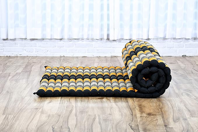 Leewadee - Kapok Roll Mat – Handcrafted Folding Sleep & Relaxation Mattress from Thailand, Ideal as Guest Bed, Camping Mat, Yoga Mat or Traditional Futon, 75 x 39 inches, Black Orange - Bloomnest