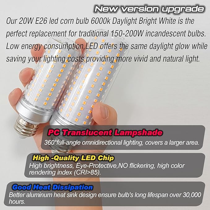 Big 1.77x 5.9 inch E26 LED Corn Light Bulb 200W Equivalent 3000 lm 6000K Cool Daylight Bright,20W E27 Medium Base Non-dimmable Candelabra Ceiling Fan Corn Lighting for Home Garage Warehouse,4Pack - Bloomnest