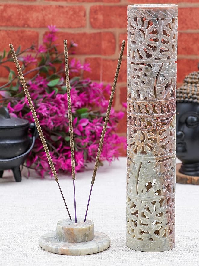 Crocon Soapstone Handmade Tower Candle Burner Elephant Leaf Crafting Incense Tower Burner | Tea Light Holder | Living Room Decor Kitchen Home Fragrance Decorative Great Gift Set - 2.9X2.9X10 Inch