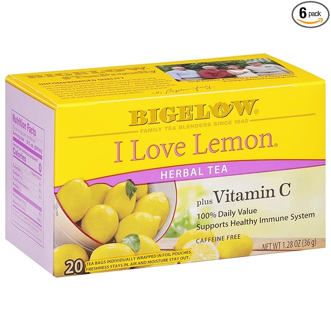 Bigelow Tea I Love Lemon with Vitamin C Herbal Tea, Caffeine Free Tea with Lemon, 20 Count Box (Pack of 6), 120 Total Tea Bags - Bloomnest