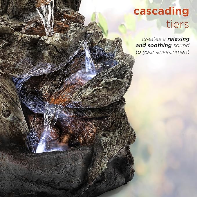 Alpine Corporation | 14"H Indoor Tiered Log Tabletop Fountain with LED Lights — Cascading Waterfall Design Creates Relaxing Ambiance for Home & Office Décor - Bloomnest