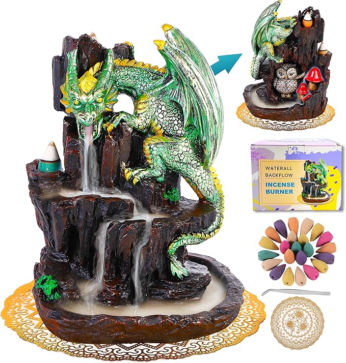 Dragon Backflow 2 Sided Mountain Waterfall Incense Burner,Fountain Smoke Incense Holder with Backflow Incense Cones, Tweezers, Mat，Resin Aromatherapy Meditationvaiuk (Green) - Bloomnest