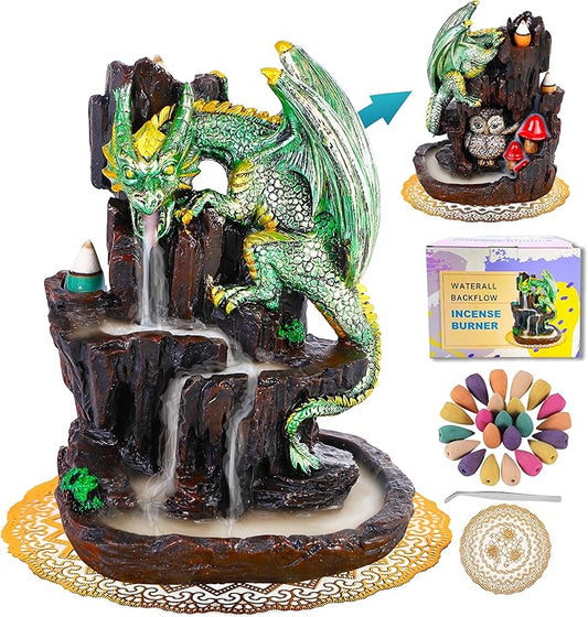 Dragon Backflow 2 Sided Mountain Waterfall Incense Burner,Fountain Smoke Incense Holder with Backflow Incense Cones, Tweezers, Mat，Resin Aromatherapy Meditationvaiuk (Green) - Bloomnest