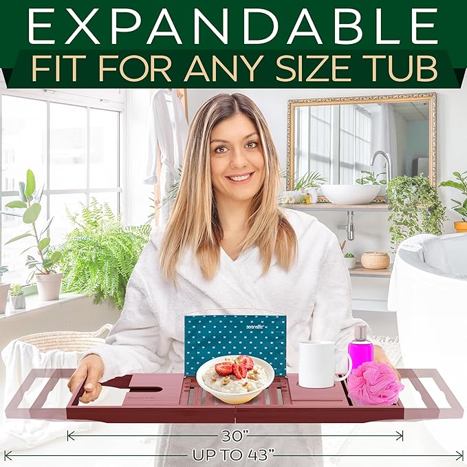 SereneLife Premium Bathtub Tray Caddy with Gift Box and Bow Set, Expandable Bath Tray, Unique House Warming Gifts for Mom, Women, Wedding, Anniversary, Bridal Shower, Fit for All Tub - Stain Brown - Bloomnest