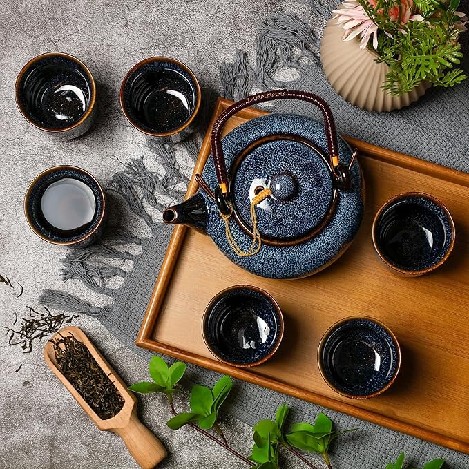 Layhit Japanese Asian Tea Set for Adults with 1 Teapot 6 Cups 1 Tray Traditional Portable Japanese Kiln Altered Glaze Porcelain Tea Set for Women Mother's Day Gifts(Blue) - Bloomnest