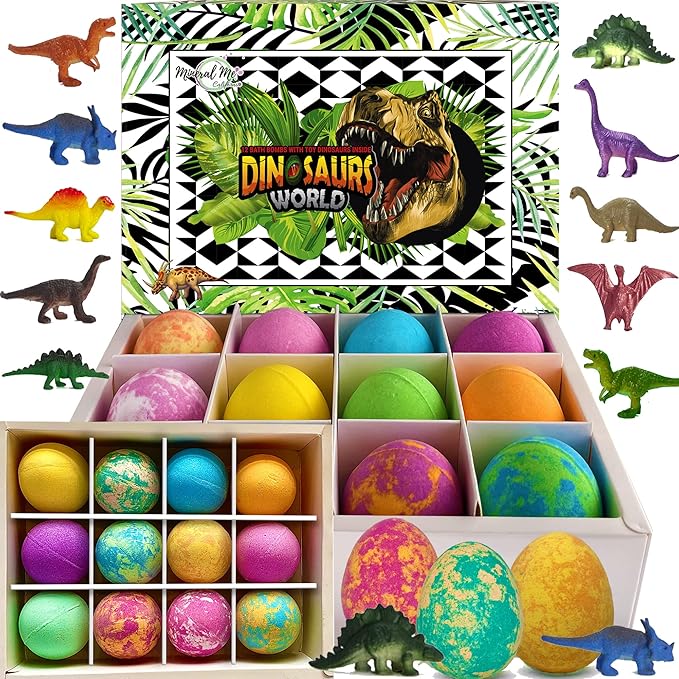 Bath Bombs for Kids with Surprise Inside - 12 Dinosaur Bath Bombs with Toys, Organic Colorful Bubble Bath Fizzies, Dino Egg Bath Bomb w/Rich Bubbles, Stocking Stuffers Christmas Gifts for Kids, Boys - Bloomnest