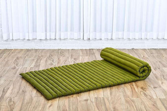 Leewadee - Foldable Floor Mattress - Japanese Roll Up Futon -Trifold Tatami Mat- Guest Floor Bed - Camping Mattress - Thai Massage Mat, Kapok Filled, 75 x 28 inches, Green - Bloomnest