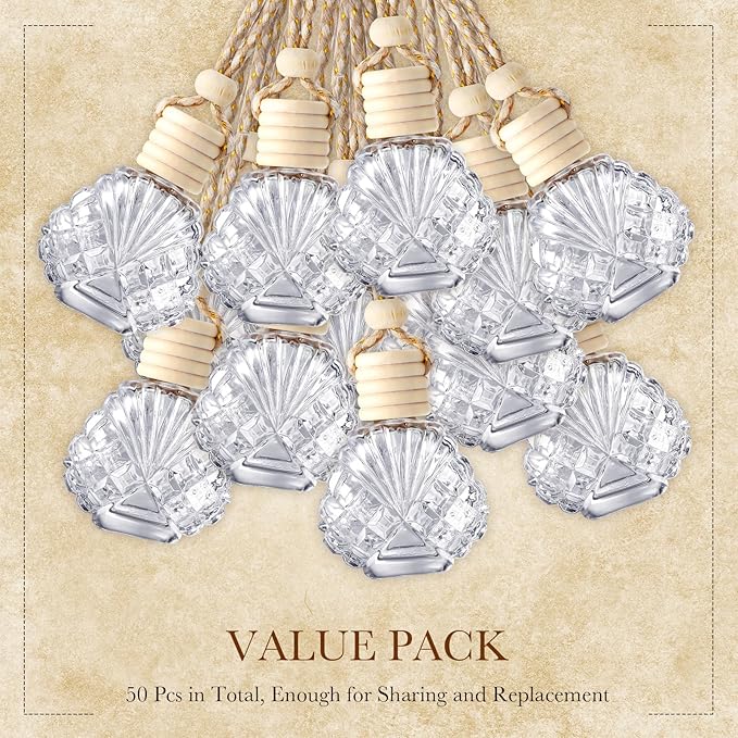 BBTO 50 Pcs Hanging Car Air Freshener Car Diffuser Bottles Empty Glass Perfume Bottle Freshener Diffuser Bottle Pendant for Essential Oil Fragrance Aromatherapy Bottle Ornament(Shell) - Bloomnest