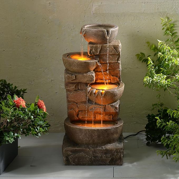 Teamson Home 33.27" Outdoor Freestanding Water Fountain with LED Lights, Cascading Bowls & Stacked Stones, Floor Fountain for Patio, Garden, Balcony, Lawn, Yard Decor, Brown Polyresin - Bloomnest