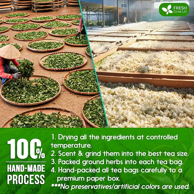 FreshDrinkUS, Premium 20 Tea Bags of Jasmine Green Tea, 100% Natural. Exquisite Flavor, Handpicked Leaves, Perfect for Tea Lovers. No Sugar, No Gluten, Vegan. - Bloomnest