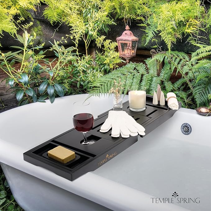 Temple Spring Wooden Bathtub Tray, Bamboo Bathroom Accessories, Bath Tray for Tub, at Home Spa Essentials, Board for Tub Table, Bath Caddy for Bathtub Accessories & Bathroom Essentials – Black - Bloomnest