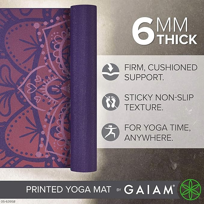 Gaiam Yoga Mat - Premium 6mm Print Extra Thick Non Slip Exercise & Fitness Mat for All Types of Yoga, Pilates & Floor Workouts (68"L x 24"W x 6mm Thick) - Bloomnest