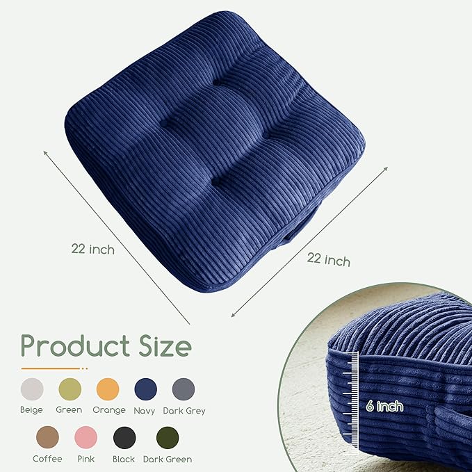 6" Washable Floor Pillow Cushion for Adults, Meditation Cushion Pillow, Large Square Floor Sitting, Removable Tufted Corduroy Cover, for Tatami Living Room or Yoga, 22x22 Inch, 2Pack, Machine Washable - Bloomnest