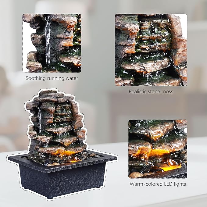 GOSSI Home Décor Waterfall Meditation Fountain Indoor Tabletop Many Natural River Rocks Decorated Office Home Tabletop Fountion with LED Lights Christmas Decorations - Bloomnest