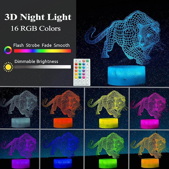 Panther Night Light, 3D Illusion Lamp, 16 Colors Changing, Timer, 4 Flash Modes, Dimmable, Kids Room Decoration, Xmas Panther Gifts - Bloomnest