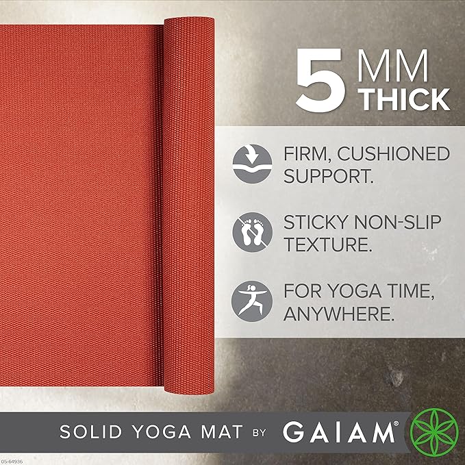 Gaiam Yoga Mat - Premium 5mm Solid Thick Non Slip Exercise & Fitness Mat for All Types of Yoga, Pilates & Floor Workouts (68" x 24" x 5mm) - Bloomnest