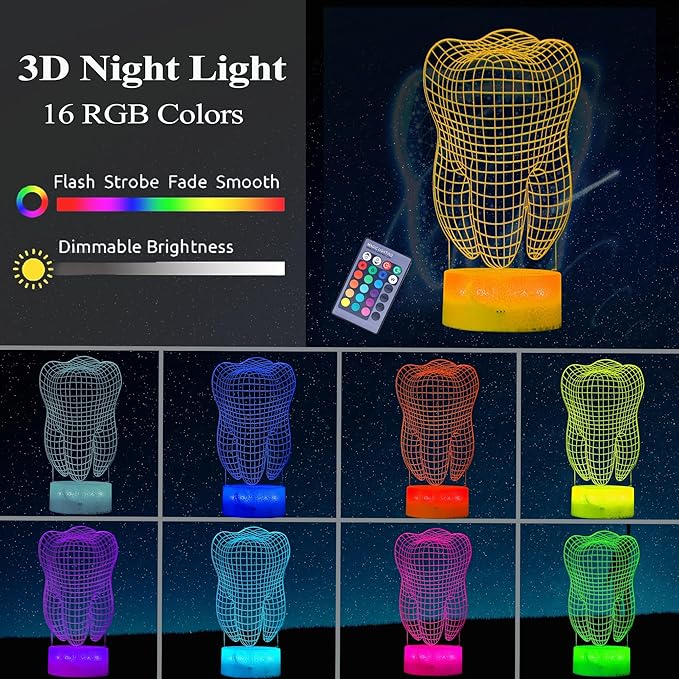 Dental Gifts, 3D Tooth Night Light, 3D Illusion Lamp, 16 Colors Changing, Remote Control, Dimmable, Living Room Decoration, Xmas Tooth Model Gifts - Bloomnest