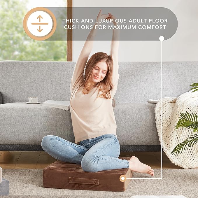 Codi Large Floor Pillow, Meditation Cushions for Adults with Thick Foam and Soft Tufted Covers, Washable Square Seating for Couch and Yoga Sitting, 22 × 22 × 5 Inch Coffee