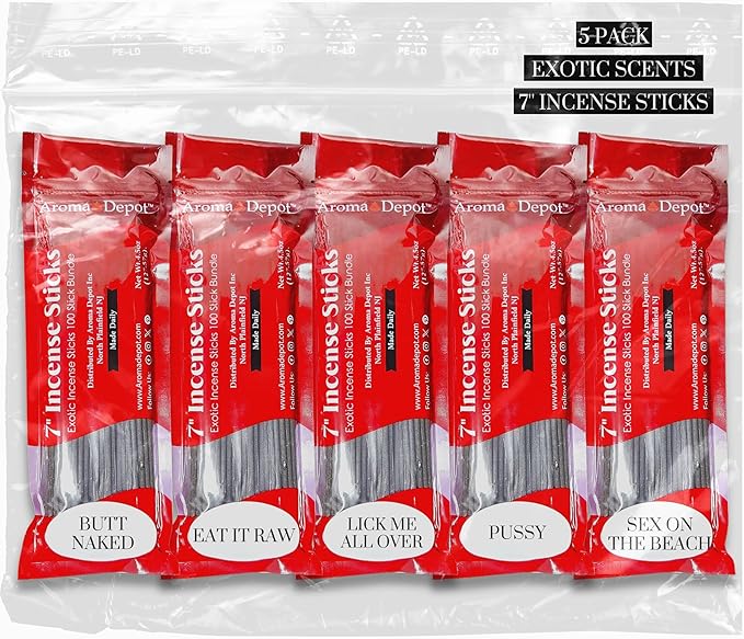 Exotics Scents 7'' Incense Sticks - Variety Set 500 Pack - 7 inch - 5 Bundles 100 Sticks Per Fragrance Scent. Set Features Butt Naked, Eat it Raw, Lick Me All Over, Pussy, Sex on The Beach AromaDepotInc