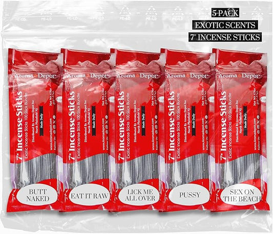 Exotics Scents 7'' Incense Sticks - Variety Set 500 Pack - 7 inch - 5 Bundles 100 Sticks Per Fragrance Scent. Set Features Butt Naked, Eat it Raw, Lick Me All Over, Pussy, Sex on The Beach AromaDepotInc