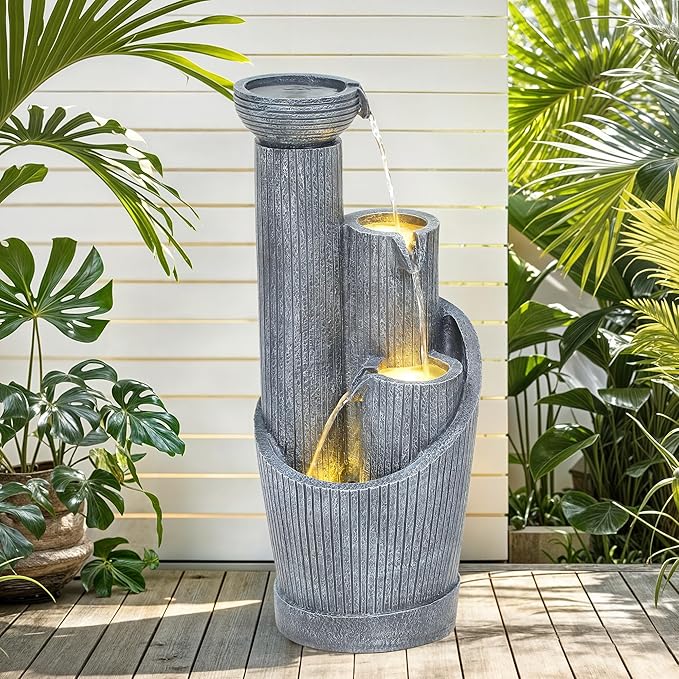 31" Modern Outdoor Water Fountain with LED Lights, 5-Tier Twist Pedestal Bowl Garden Fountain, Cascading Waterfall for Relaxing Garden, Patio, Backyard, Deck, Porch or Home Decor - Bloomnest