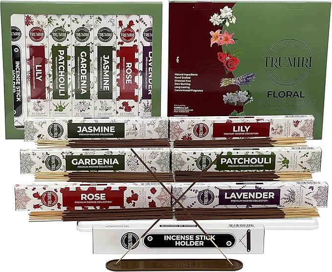 Floral Incense Sticks Variety Pack - 120 Insence-Sticks (6 Incents x 20 Insense) - Rose Lavender Jasmine Patchouli Gardenia Lily - Natural Inscents-Sticks Non Toxic Incienso with Stick Incense Holder - Bloomnest