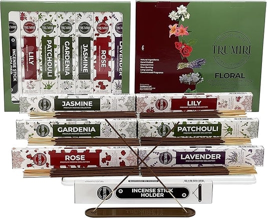 Floral Incense Sticks Variety Pack - 120 Insence-Sticks (6 Incents x 20 Insense) - Rose Lavender Jasmine Patchouli Gardenia Lily - Natural Inscents-Sticks Non Toxic Incienso with Stick Incense Holder - Bloomnest