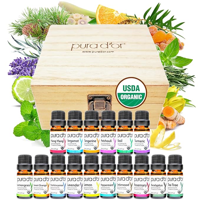 PURA D'OR Organic Sweet16 Essential Oils Set - 16x 10mL Wood Box Aromatherapy Gift Set - 100% Pure Therapeutic Grade for Relaxation and Wellness (Lavender, Rosemary, Turmeric, Ylang Ylang & More) - Bloomnest