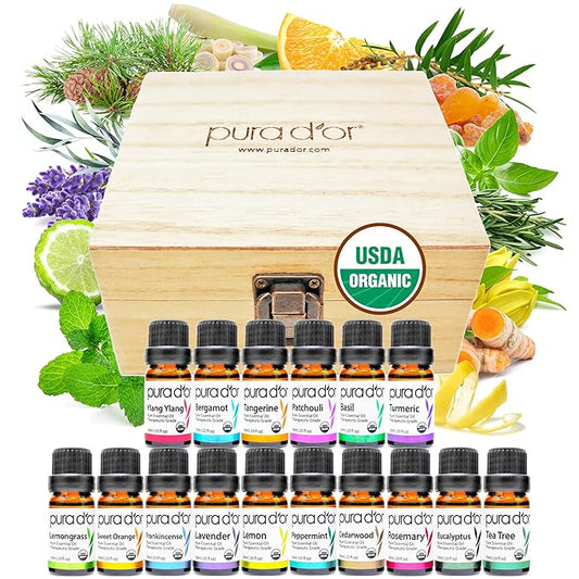 PURA D'OR Organic Sweet16 Essential Oils Set - 16x 10mL Wood Box Aromatherapy Gift Set - 100% Pure Therapeutic Grade for Relaxation and Wellness (Lavender, Rosemary, Turmeric, Ylang Ylang & More) - Bloomnest