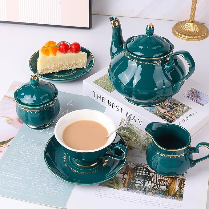 CHENP.HMC Tea Set 22-Piece Porcelain Ceramic Coffee Tea Sets Cups Saucer Service for 6 Teapot Sugar Bowl Creamer Pitcher and Teaspoons Porcelain Tea Set(Dark Green) - Bloomnest