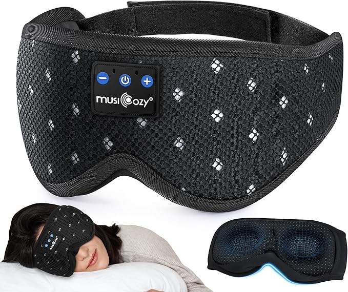 MUSICOZY Sleep Headphones Breathable Sleep Mask Bluetooth 5.4 Wireless Earphones Mask Sleeping Eyemask for Side Sleepers for Women Men Travel Meditation Gift (Mesh Black) - Bloomnest