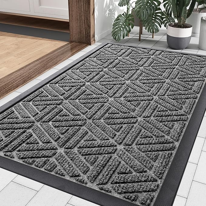 Smiry Front Door Mat Outside Entrance, Heavy Duty Sturdy Natural Rubber Doormat, Trap Dirt and Moisture, Easy Clean Low Profile Mats for Indoor Outdoor Entry, Grid Geometric (29.5x17, Silver Grey) - Bloomnest