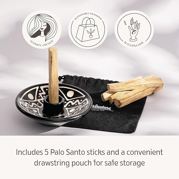 Palo Santo Holder with 5 Sticks - Luna Sundara Handmade Ceramic Incense Burner - Black & White Chulucanas Pottery from Peru - Smudge Bowl for Sage - Aromatherapy Gift Set LunaSundara