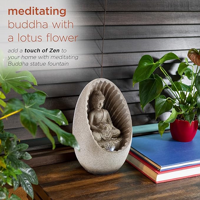 Alpine Corporation WIN322 Indoor/Outdoor Tabletop Buddha Fountain with LED Lights, Soothing Buddha Garden Fountain 11", Beige - Bloomnest