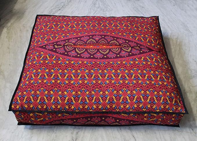 New Orange Ombre 24" Mandala Barmeri Large Floor Pillow Cover Cushion Meditation Seating Ottoman Throw Cover Hippie Decorative Zipped Bohemian Pouf Ottoman Pom Pom Cases 24 " square - Bloomnest